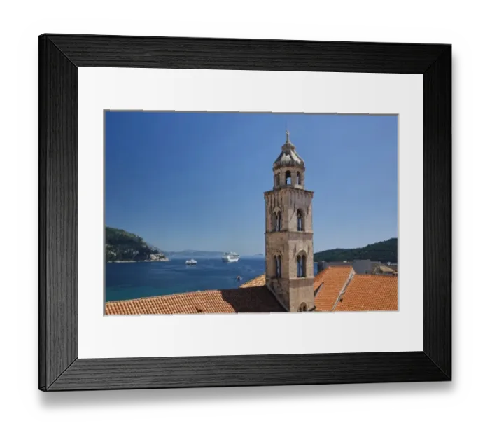 Framed Print : Church bell tower and cruise ship docked in the Adriatic Sea at historic Dubrovnik