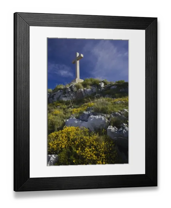Framed Print : Large cross on Cross Mountain towering above Dubrovnik, Croatia a UNESCO World Heritage