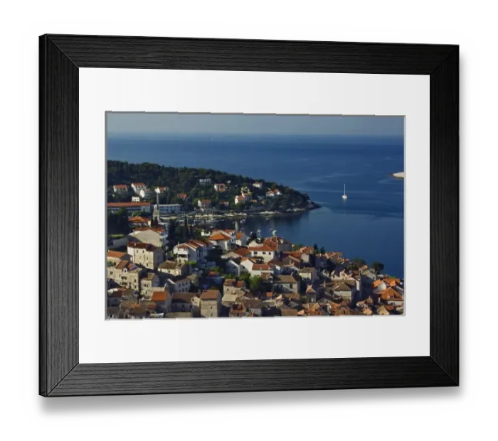 Framed Print : View of the harbor and Adriatic Sea, from Hvar Castle, Hvar Island, Croatia