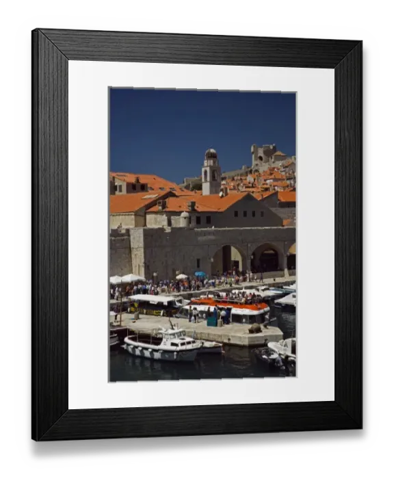 Framed Print : Boats docked in harbor at Old Town Dubrovnik a UNESCO World Heritage Site, Croatia
