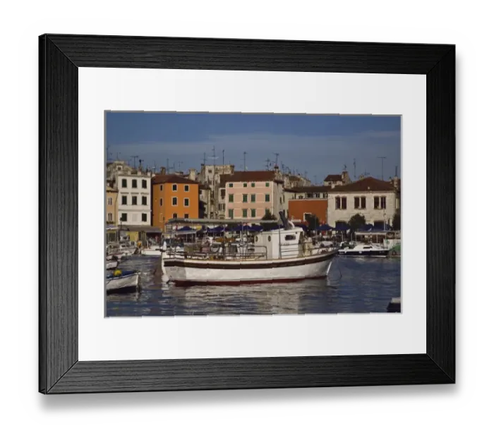 Framed Print : Boats docked in harbor, Rovigno, Croatia