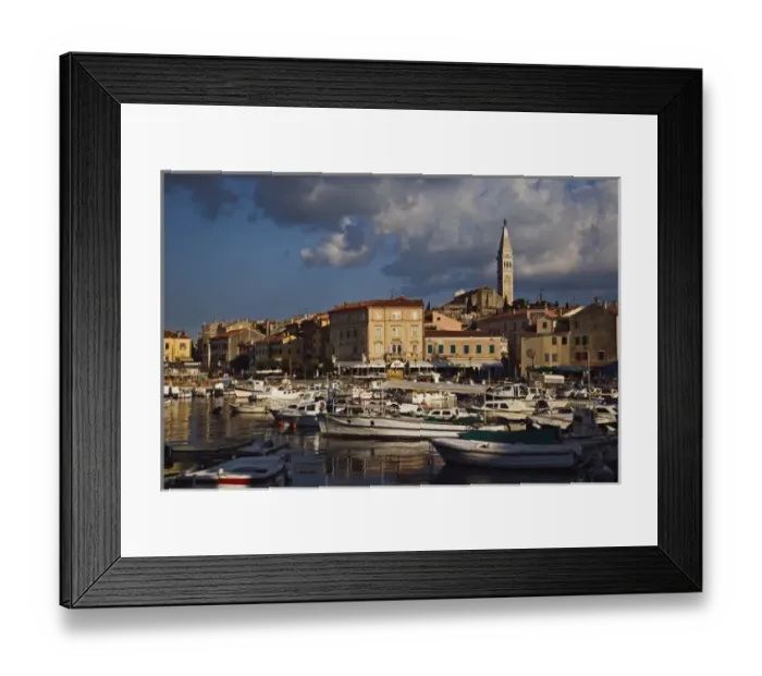 Framed Print : Boats docked in harbor in front of distant Cathedral of St. Euphemia, Rovigno, Croatia Framed Print : Boats docked in harbor in front of distant Cathedral of St. Euphemia, Rovigno, Croatia