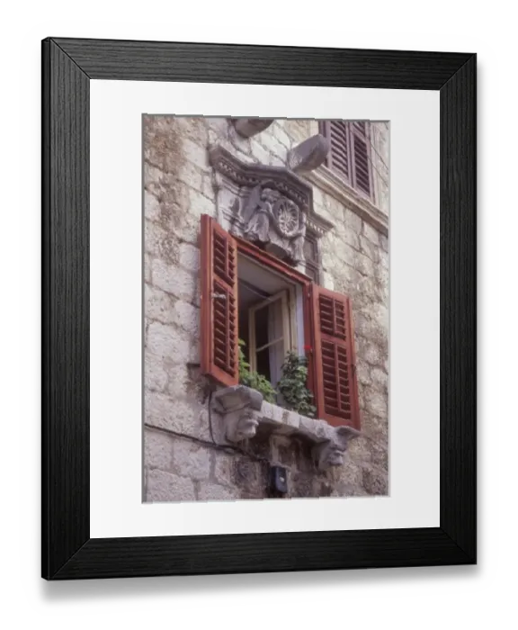 Framed Print : Residential window detail with ornate cornice. Hvar Town, Hvar Island. Croatia Framed Print : Residential window detail with ornate cornice. Hvar Town, Hvar Island. Croatia