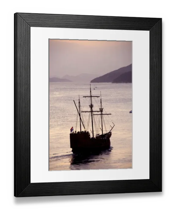 Framed Print : Europe, Croatia. Sight seeing tall ship in the port of Dubrovnik at sunset