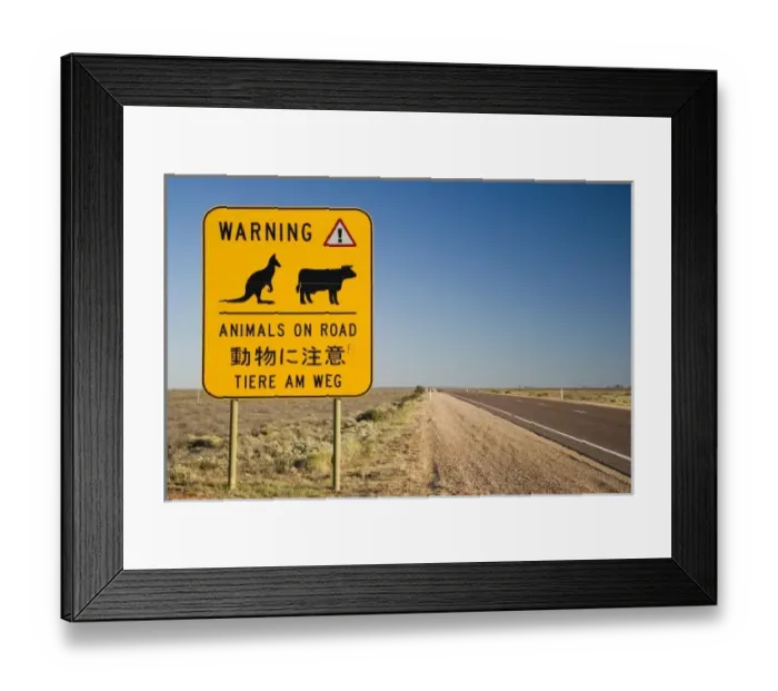Framed Print : Animals on Road Warning Sign, Stuart Highway near Port Augusta, Outback, South Australia Framed Print : Animals on Road Warning Sign, Stuart Highway near Port Augusta, Outback, South Australia