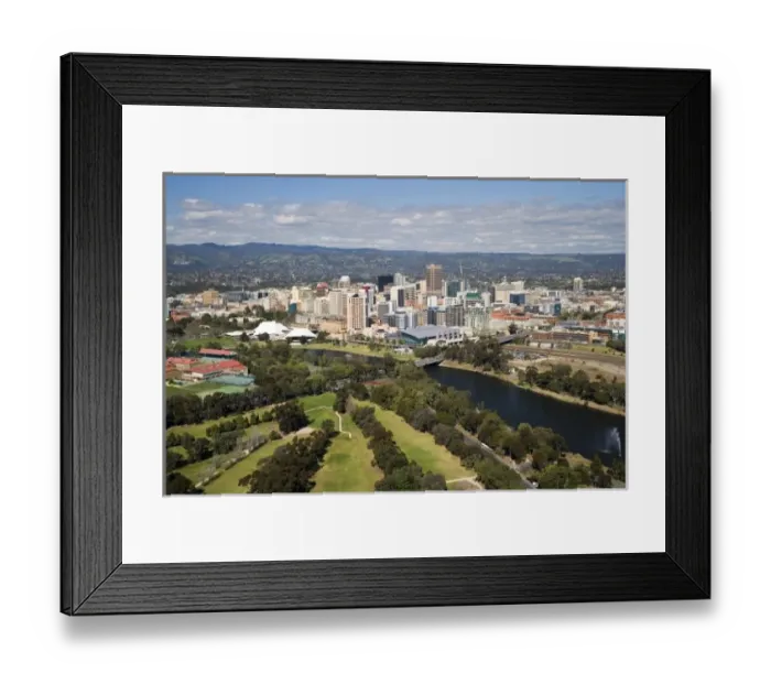 Framed Print : Golf Course, River Torrens and Central Business District, Adelaide, South Australia, Australia - aerial Framed Print : Golf Course, River Torrens and Central Business District, Adelaide, South Australia, Australia - aerial