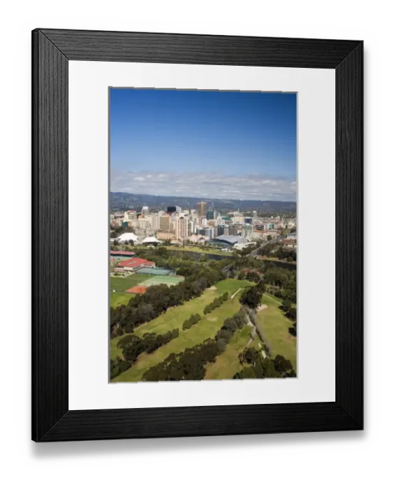 Framed Print : Golf Course, River Torrens and Central Business District, Adelaide, South Australia, Australia - aerial Framed Print : Golf Course, River Torrens and Central Business District, Adelaide, South Australia, Australia - aerial