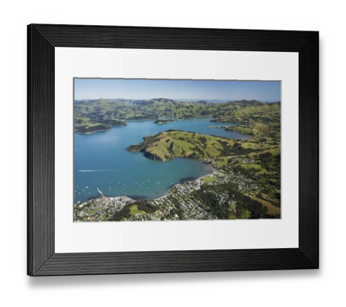 Framed Print : Akaroa, Akaroa Harbour, Banks Peninsula, Canterbury, South Island, New Zealand- aerial