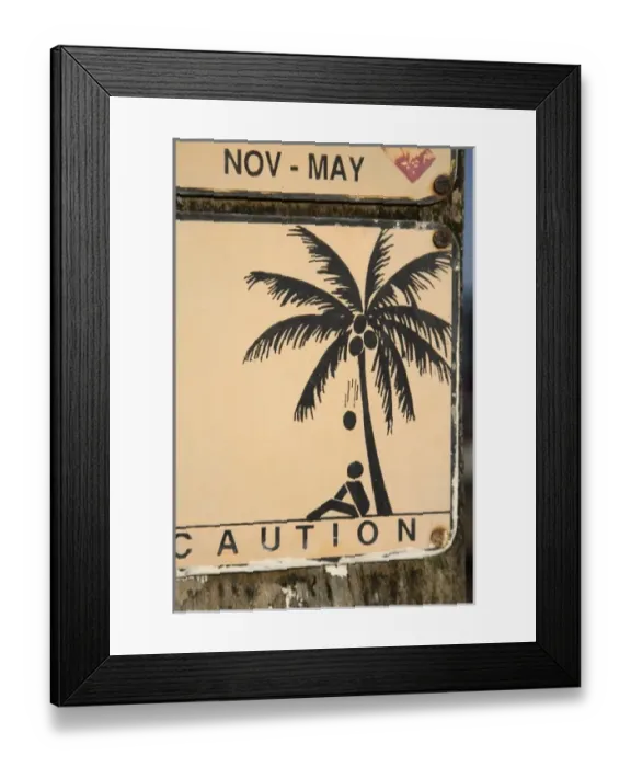 Framed Print : Australia. Coconuts Falling Waning Sign, Palm Cove, Cairns, North Queensland, Australia