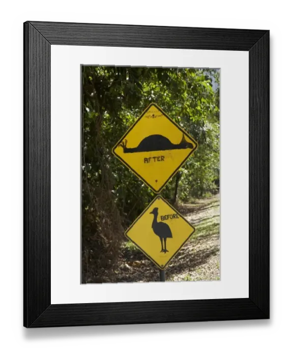Framed Print : Australia. Altered Cassowary and Road Hump Signs, Daintree National Park Framed Print : Australia. Altered Cassowary and Road Hump Signs, Daintree National Park