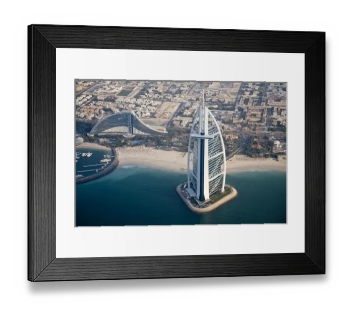 Framed Print : United Arab Emirates, Dubai. Aerial of Burj al Arab and Jumeirah Beach Hotels, looking inland Framed Print : United Arab Emirates, Dubai. Aerial of Burj al Arab and Jumeirah Beach Hotels, looking inland