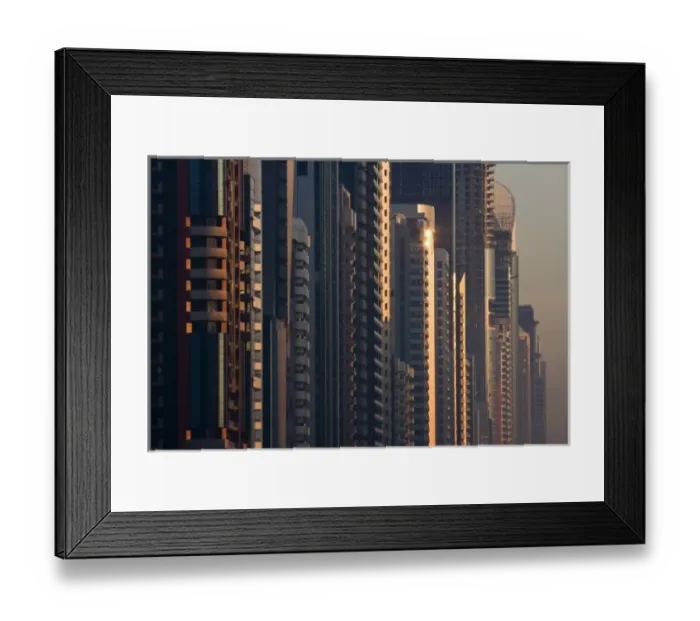 Framed Print : UAE, Dubai. Close-up of buildings along Sheik Zayed Road at sunrise