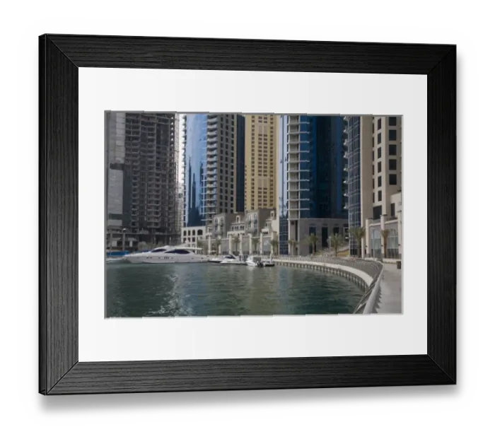 Framed Print : UAE, Dubai, Marina. Sidewalk along marina bay, with yacht and construction in background Framed Print : UAE, Dubai, Marina. Sidewalk along marina bay, with yacht and construction in background