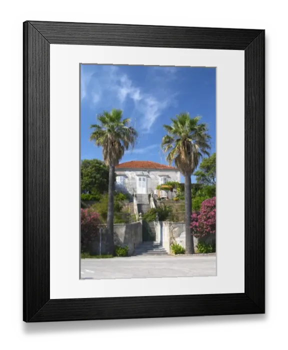 Framed Print : Beach house with garden framed by two big palm trees. Orebic town, holiday resort Framed Print : Beach house with garden framed by two big palm trees. Orebic town, holiday resort