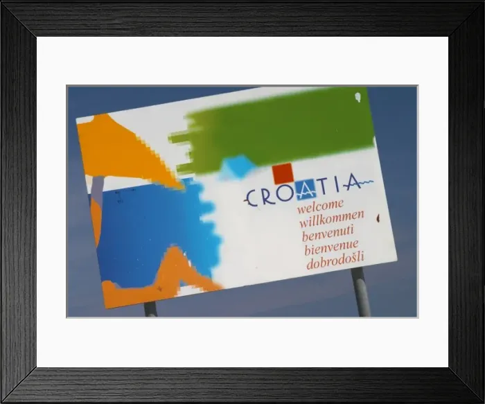 Framed Print : Sign saying Croatia Welcome with a picture of a person on a beach Orebic town, south Framed Print : Sign saying Croatia Welcome with a picture of a person on a beach Orebic town, south