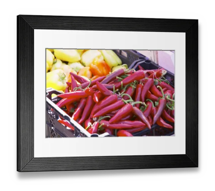Framed Print : Red pepperoni chilli peppers and yellow bell peppers. In the fruit and vegetable Framed Print : Red pepperoni chilli peppers and yellow bell peppers. In the fruit and vegetable