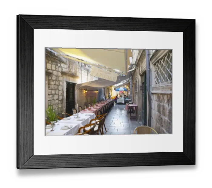 Framed Print : View the Prijeko street with restaurants with outside seating long tables and chairs