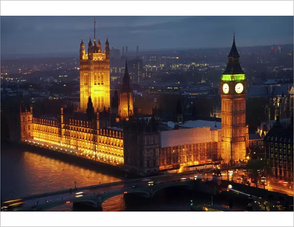 Houses of Parliament, Big Ben, Westminster Bridge, and River Thames seen from London Eye