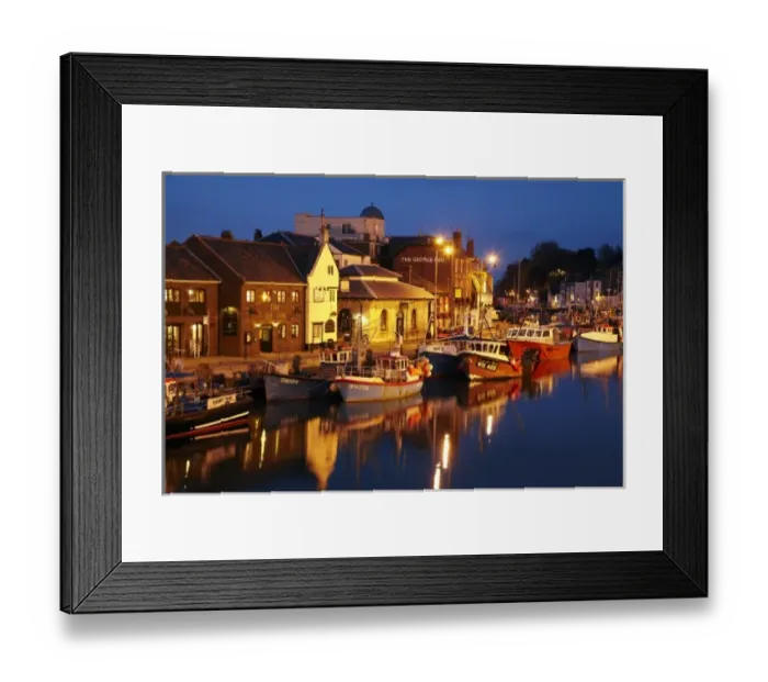 Framed Print : Fishing boats and Custom House Quay at dusk, Weymouth Harbour, Weymouth, Dorset, England