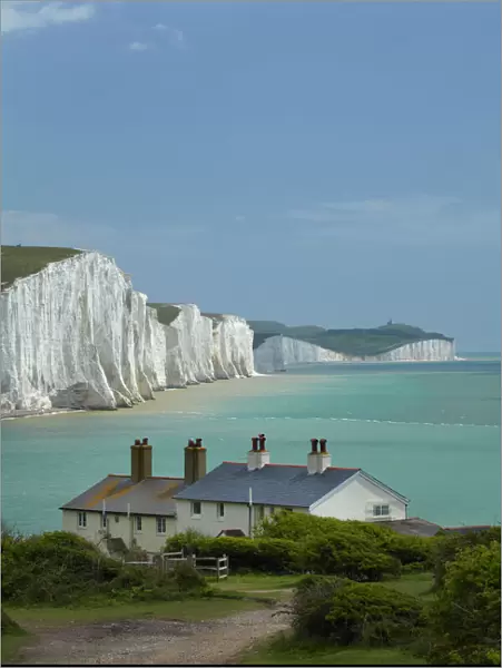 Seven Sisters Chalk Cliffs, and coastguard cottages, Cuckmere Haven, near Seaford