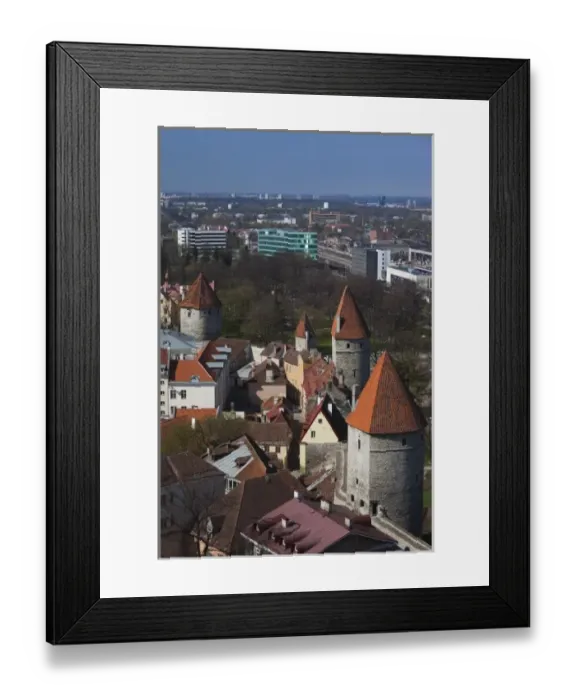 Framed Print : Estonia, Tallinn, Old Town, elevated view of City Walls from St. Olafs Church Tower