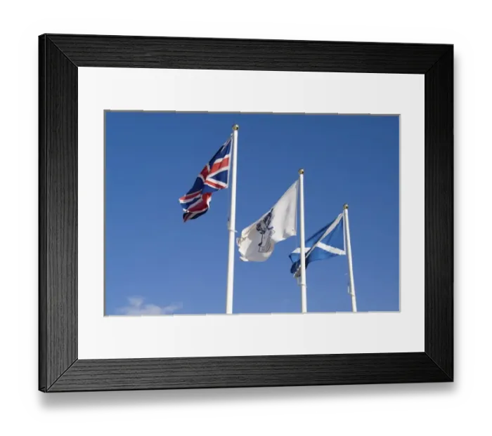 Framed Print : United Kingdom Union Jack St Andres and Scotland flags flying at the world famous Framed Print : United Kingdom Union Jack St Andres and Scotland flags flying at the world famous