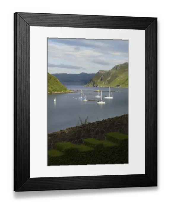Framed Print : Beautiful port and sailboats with reflections in small tourist village of Portree