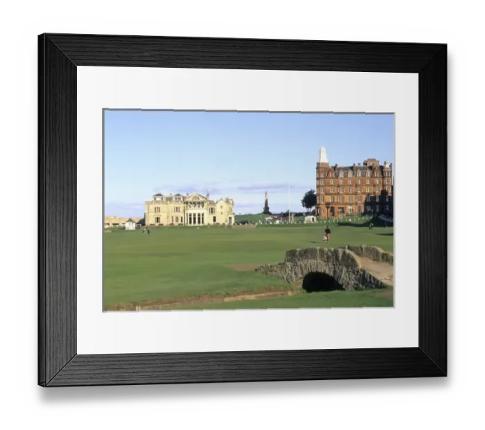 Framed Print : Famous 18th Hole and fairway at Swilken Bridge Golf at World Famous St Andrews Old Framed Print : Famous 18th Hole and fairway at Swilken Bridge Golf at World Famous St Andrews Old