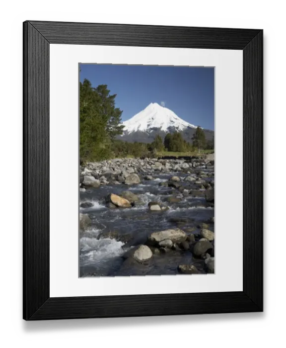 Framed Print : Waiwhakaiho River and Mt Taranaki  /  Mt Egmont, Taranaki, North Island, New Zealand