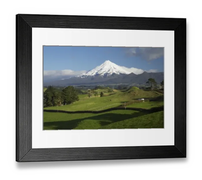 Framed Print : Farmland near Inglewood and Mt Taranaki  /  Mt Egmont, Taranaki, North Island, New Zealand