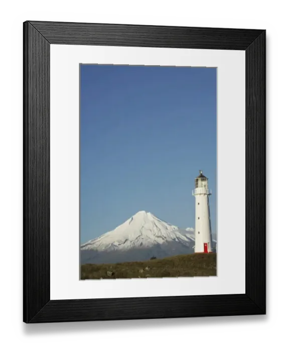 Framed Print : Cape Egmont Lighthouse and Mt Taranaki  /  Mt Egmont, Taranaki, North Island, New Zealand