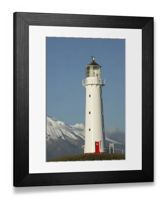 Framed Print : Cape Egmont Lighthouse and Mt Taranaki  /  Mt Egmont, Taranaki, North Island, New Zealand