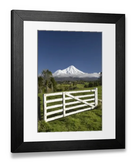 Framed Print : Gate and Farmland near Stratford and Mt Taranaki  /  Mt Egmont, Taranaki, North Island