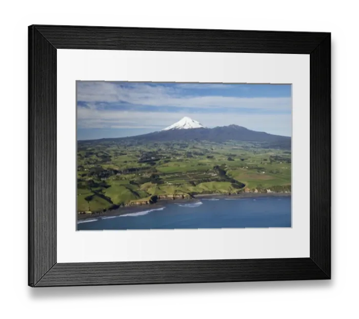 Framed Print : Taranaki Coastline near New Plymouth, Farmland and Mt Taranaki  /  Mt Egmont, Taranaki