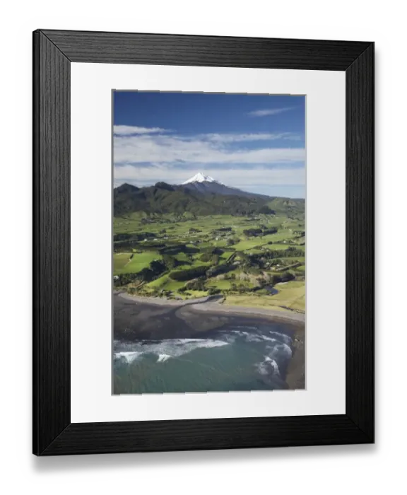 Framed Print : Taranaki Coastline near Oakura near New Plymouth, Farmland and Mt Taranaki  /  Mt Egmont