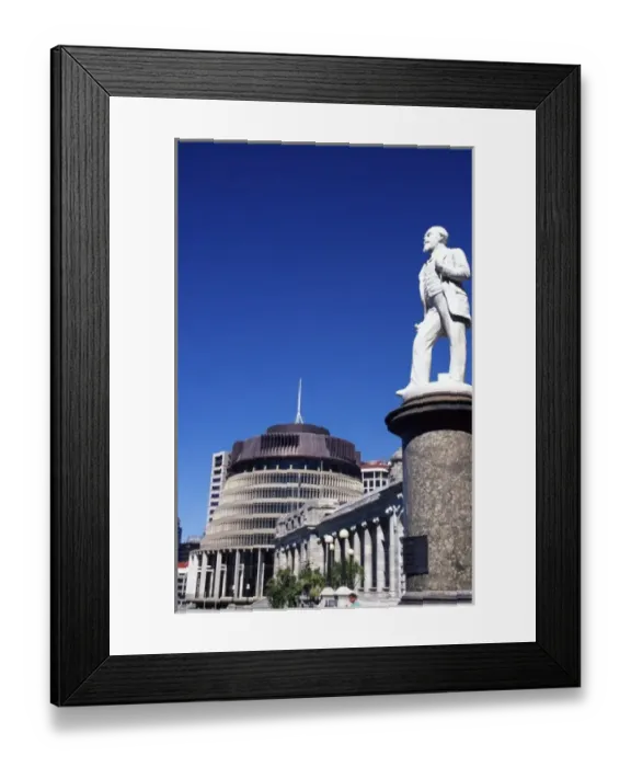 Framed Print : New Zealand, John Balance Statue, Parliament Buildings and The Beehive, Wellington
