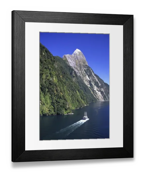 Framed Print : New Zealand, Tour Boat & Mitre Peak, Milford Sound, Fiordland National Park - aerial