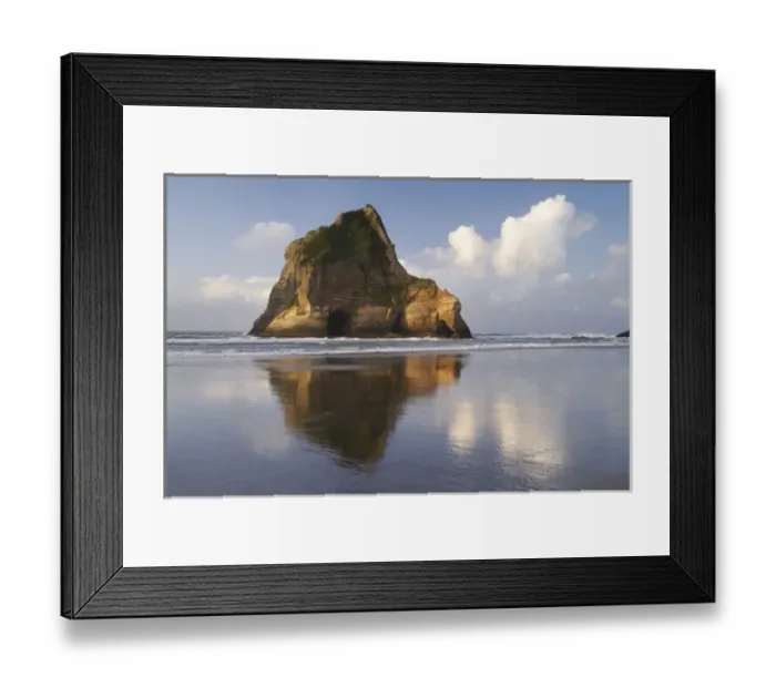 Framed Print : Archway Islands Reflected in Wet Sands of Wharariki Beach, near Cape Farewell, North Framed Print : Archway Islands Reflected in Wet Sands of Wharariki Beach, near Cape Farewell, North