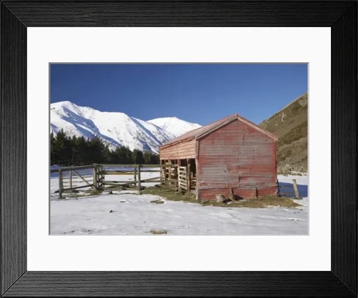 Framed Print : New Zealand, Mid Canterbury, Old Farm Building in Winter, Hakatere Station, Hakatere