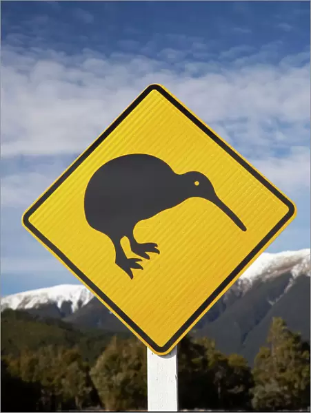 New Zealand, South Island, Nelson Region, Kiwi Warning Sign, and St Arnaud Range