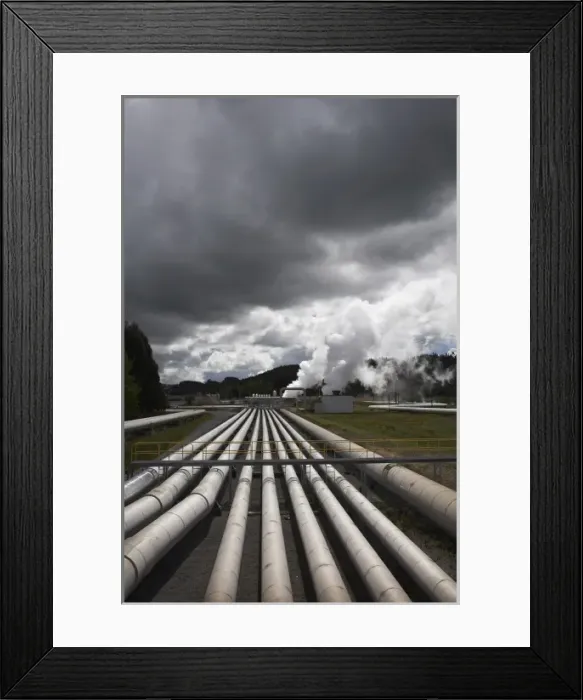 Framed Print : New Zealand, North Island, near Taupo, Wairakei Geothermal Power Station and Storm Clouds