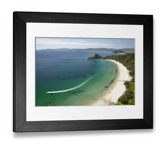 Framed Print : Speed Boat, New Chums Beach, Coromandel Peninsula, North Island, New Zealand - aerial