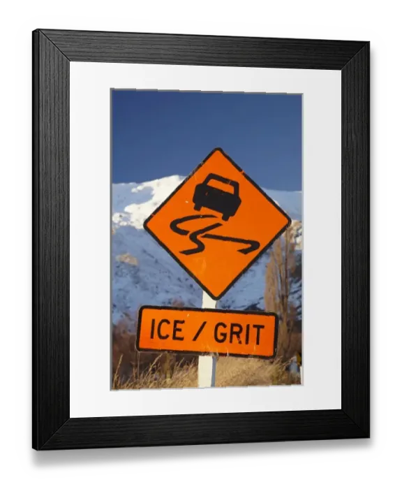 Framed Print : Warning Sign, Crown Range Road, South Island, New Zealand
