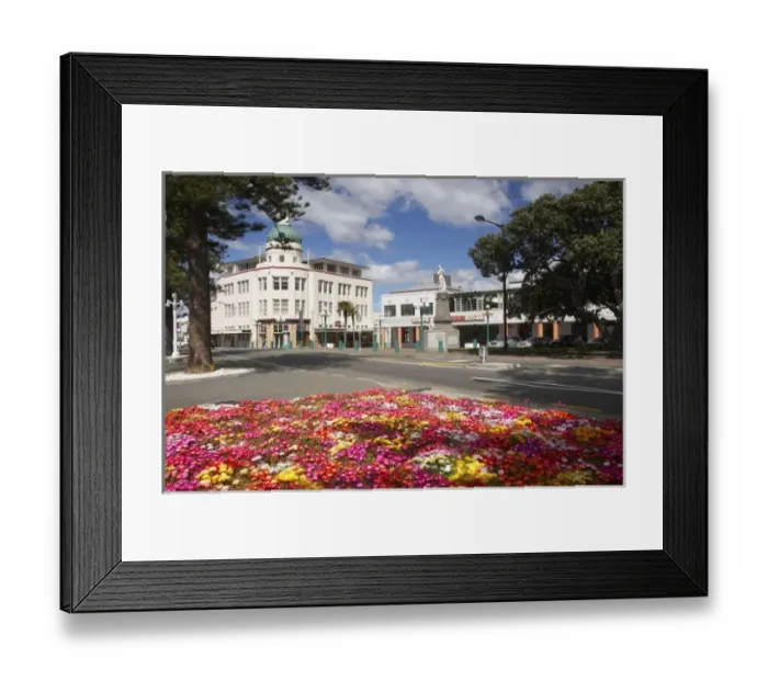 Framed Print : Colourful Flowers and A & B Building, Marine Parade, Napier, Hawkes Bay, North Island Framed Print : Colourful Flowers and A & B Building, Marine Parade, Napier, Hawkes Bay, North Island
