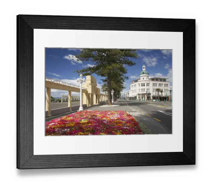 Framed Print : Colourful Flowers, The A & B Building, and The Colonnades, Marine Parade, Napier Framed Print : Colourful Flowers, The A & B Building, and The Colonnades, Marine Parade, Napier