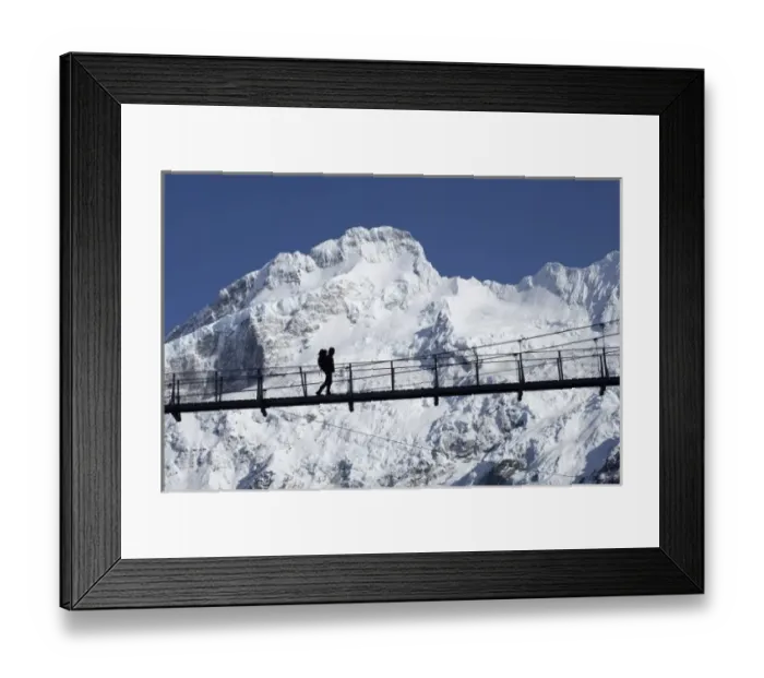 Framed Print : Hiker on Hooker River Footbridge & Mt Sefton, Aoraki  /  Mt Cook National Park, Canterbury