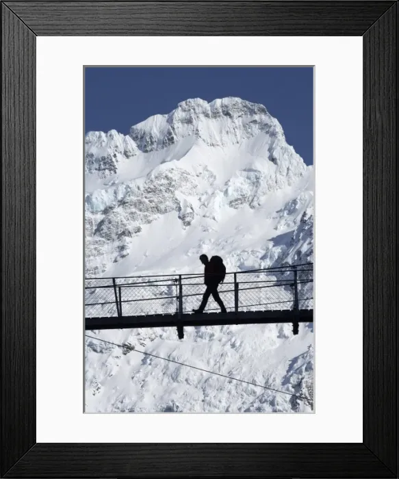 Framed Print : Hiker on Hooker River Footbridge & Mt Sefton, Aoraki / Mt Cook National Park, Canterbury Framed Print : Hiker on Hooker River Footbridge & Mt Sefton, Aoraki / Mt Cook National Park, Canterbury