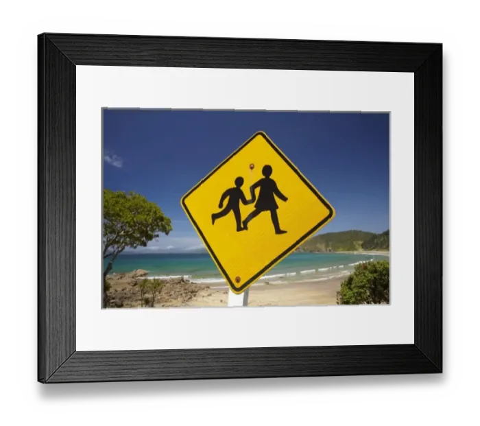 Framed Print : Children warning sign and Long Beach, Oneroa Bay, Russell, Bay of Islands, Northland