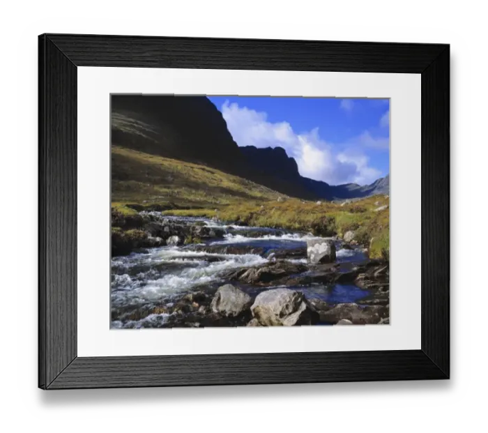 Framed Print : Scotland, Perthshire, Rannoch Moor. A stream rushes down from the mountains near