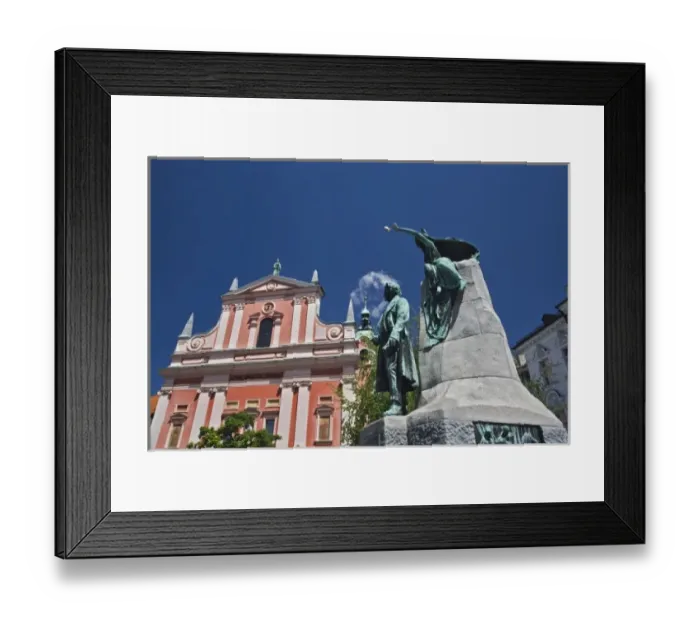 Framed Print : Statue of France Preseren, a Slovenian poet and national hero, and baroque-style Framed Print : Statue of France Preseren, a Slovenian poet and national hero, and baroque-style